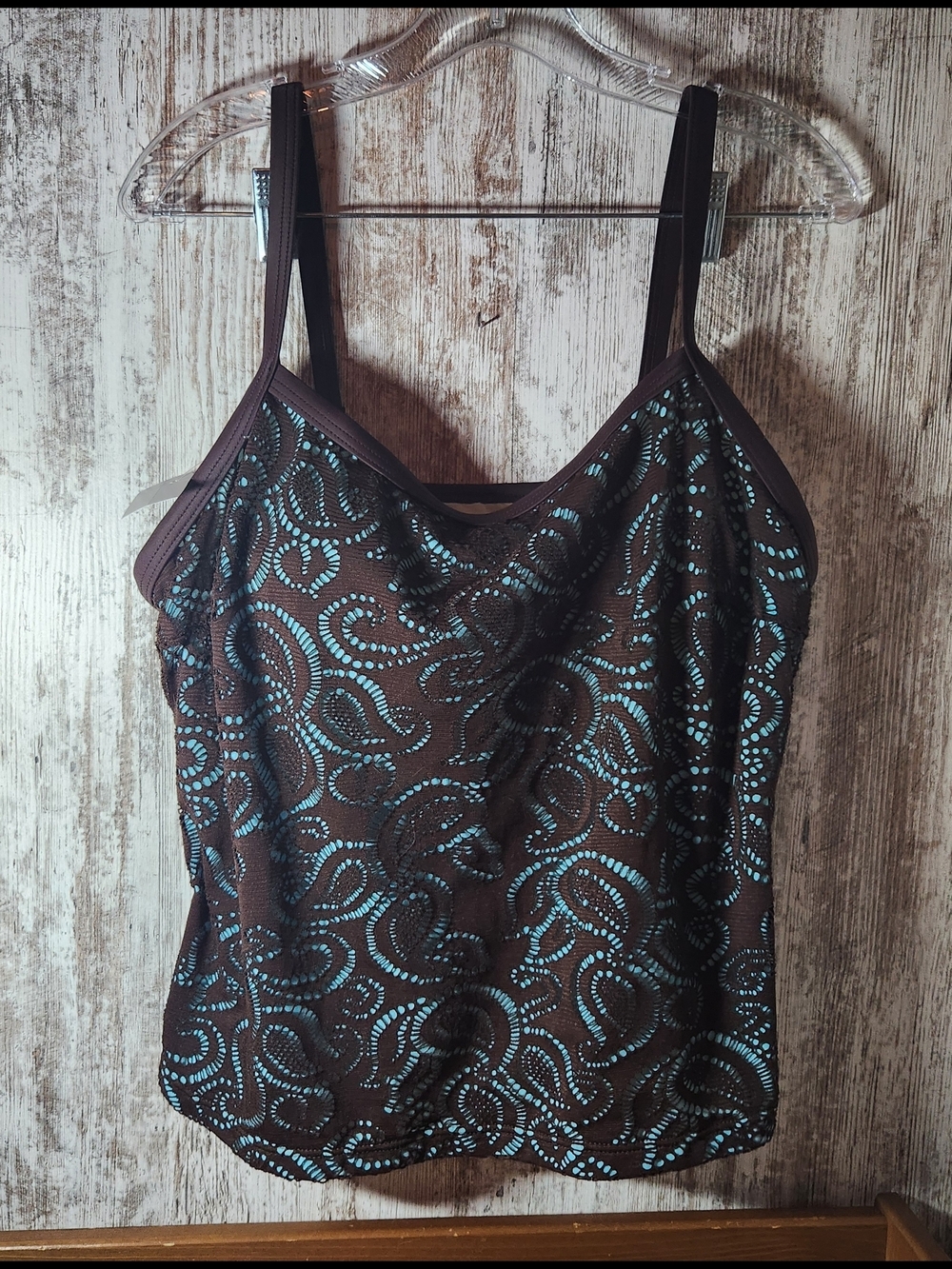 Sonoma Brown Swim Tankini Top with Teal Lace Overlay 18W